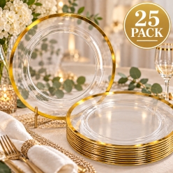 Premium Clear Plastic Dinner Plates with Gold Trim 25PK